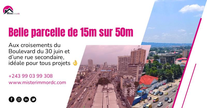 Belle parcelle de 15m sur 50m souvrant sur Boulevard du 30 juin et une rue secondaire asphalte dans un emplacement trs accessible  Gombe